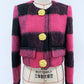 Women Round Neck Short Gold Buttons Woolen Jacket Pink Plaid Coat