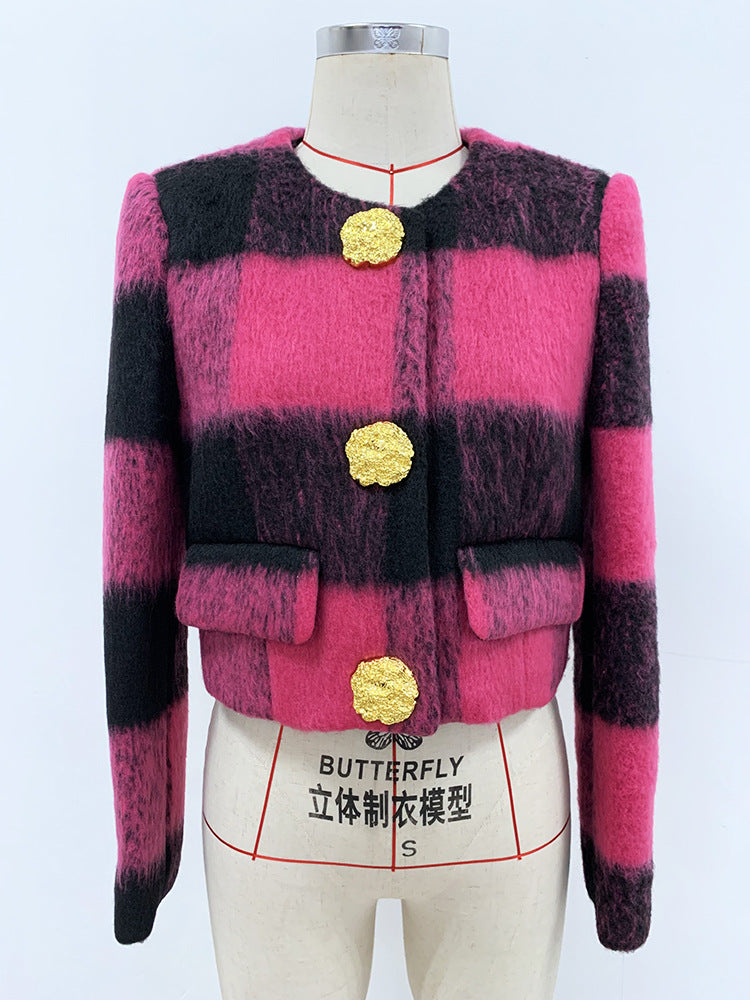 Women Round Neck Short Gold Buttons Woolen Jacket Pink Plaid Coat