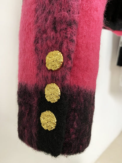 Women Round Neck Short Gold Buttons Woolen Jacket Pink Plaid Coat