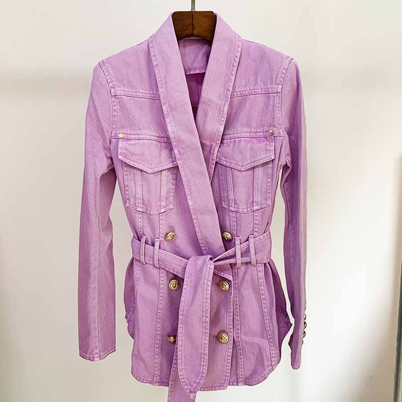 Women's Denim Jacket Lace Up Outwear Coat In Pink Purple Color