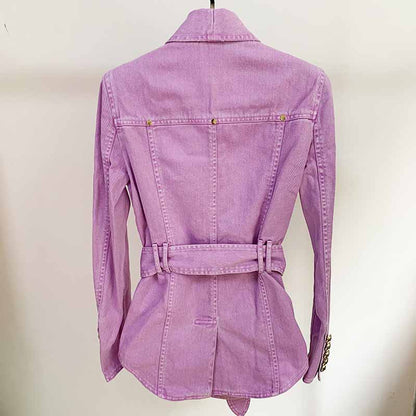 Women's Denim Jacket Lace Up Outwear Coat In Pink Purple Color