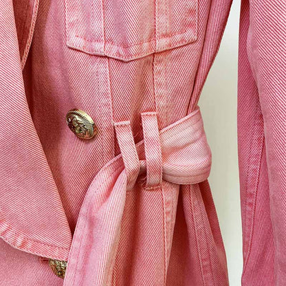 Women's Denim Jacket Lace Up Outwear Coat In Pink Purple Color