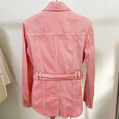 Women's Denim Jacket Lace Up Outwear Coat In Pink Purple Color