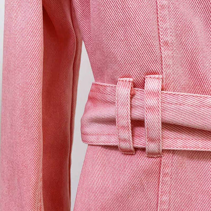 Women's Denim Jacket Lace Up Outwear Coat In Pink Purple Color