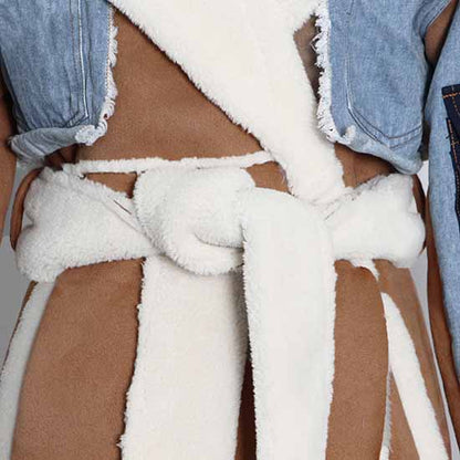 Womens Winter Warm Jean Jacket Stand Collar Wool Liner Denim Outerwear