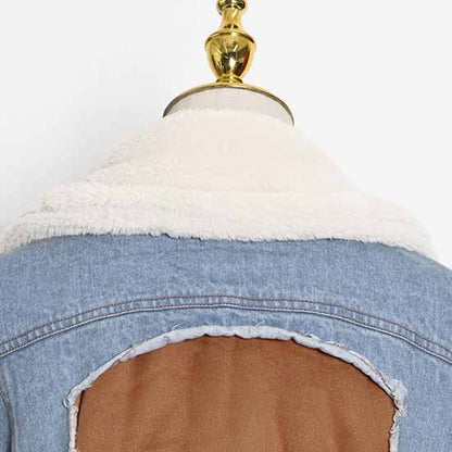 Womens Winter Warm Jean Jacket Stand Collar Wool Liner Denim Outerwear