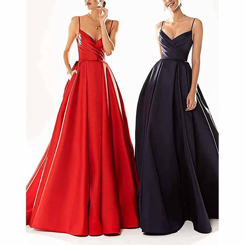 Women's Spaghetti V-Neck Prom Dresses Long Side Split Formal Evening Gowns