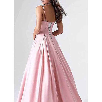 Women's Spaghetti V-Neck Prom Dresses Long Side Split Formal Evening Gowns