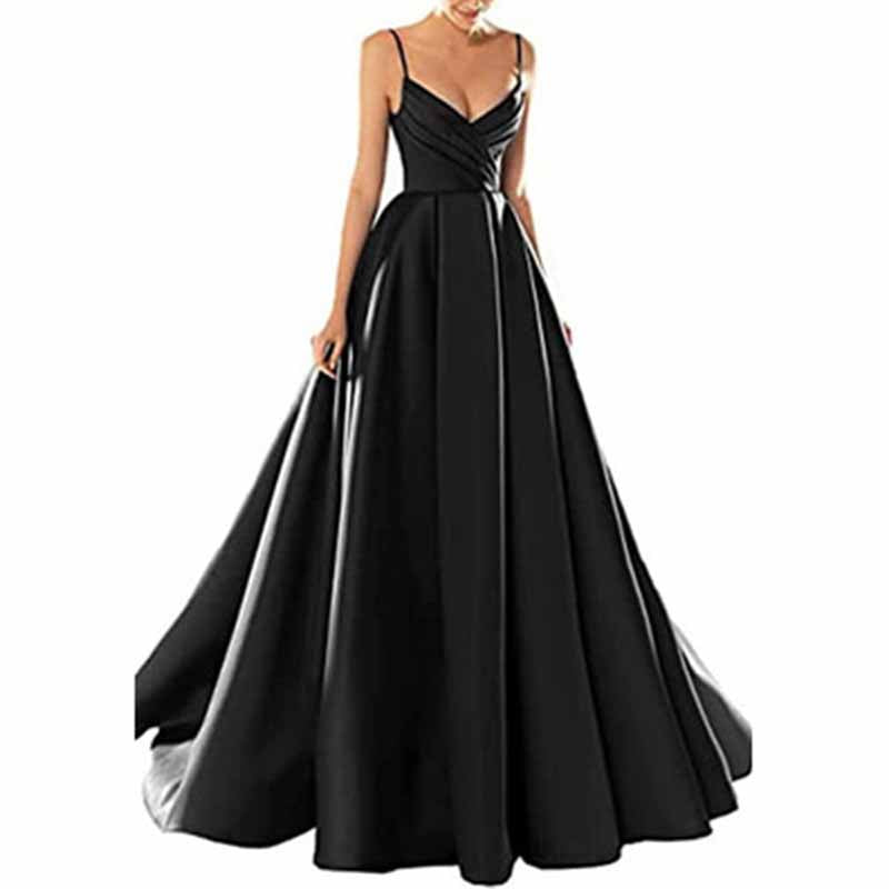 Women's Spaghetti V-Neck Prom Dresses Long Side Split Formal Evening Gowns