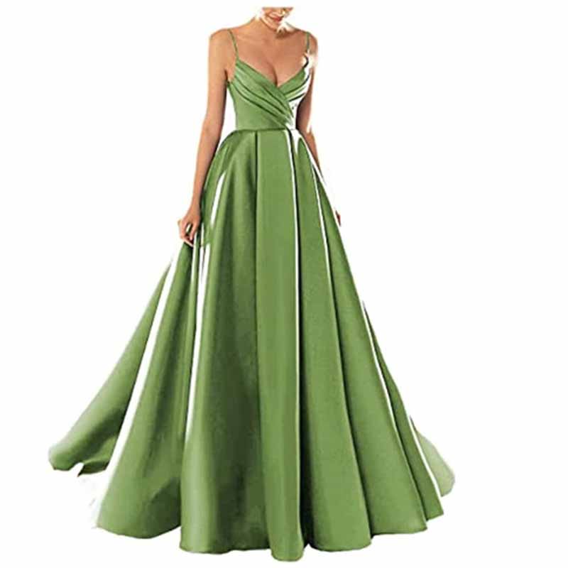 Women's Spaghetti V-Neck Prom Dresses Long Side Split Formal Evening Gowns