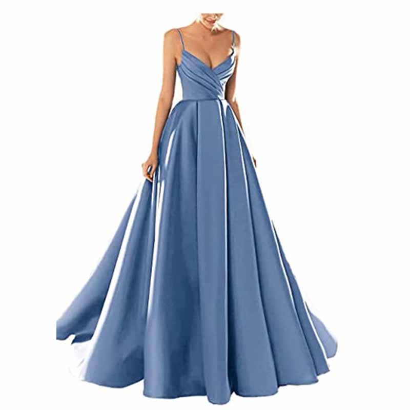 Women's Spaghetti V-Neck Prom Dresses Long Side Split Formal Evening Gowns