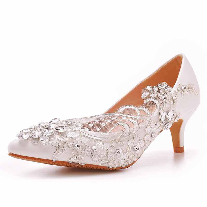 Women White lace Heels Low Heel Sandals Bridal White Lace Wedding Shoes