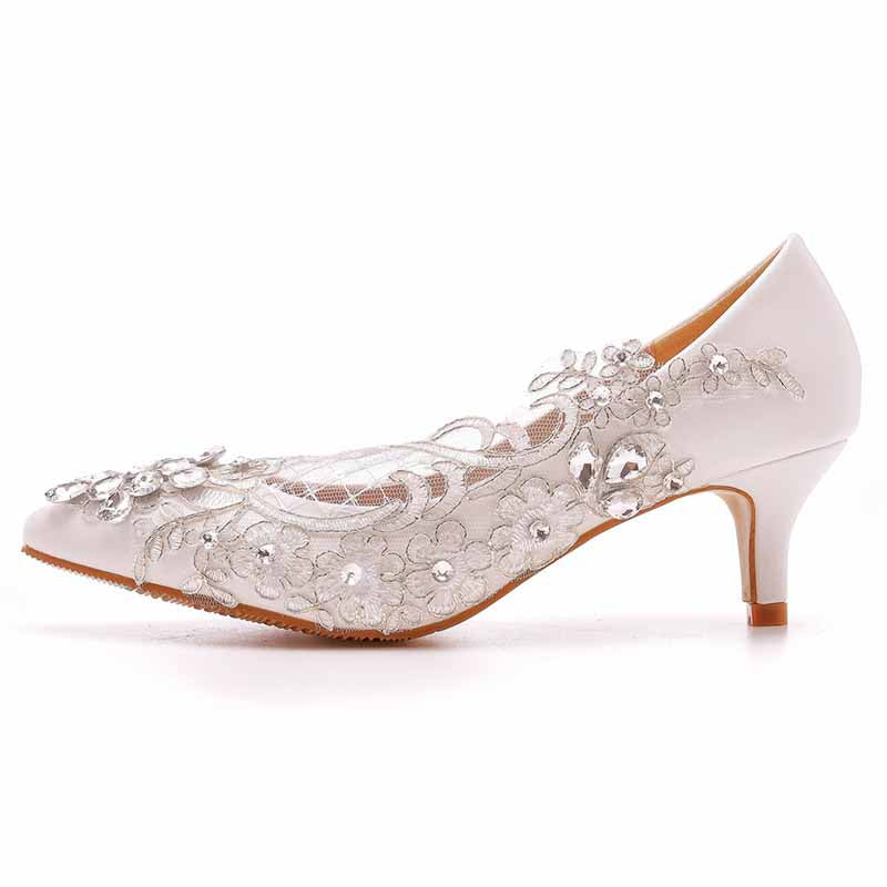 Women White lace Heels Low Heel Sandals Bridal White Lace Wedding Shoes