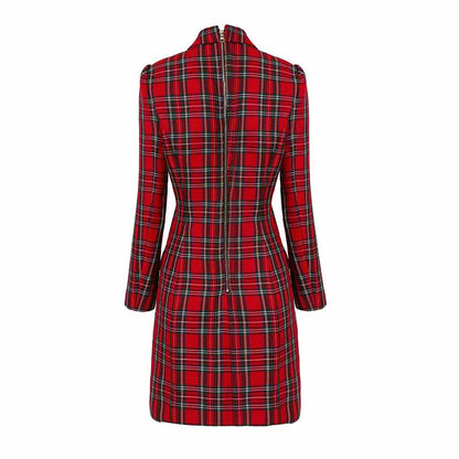 Women Red Plaid Short Double Breasted Mini Dress