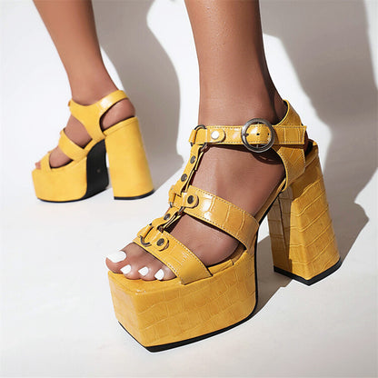 Chunky Heel Platform Strappy Sandals with Square Open Toe