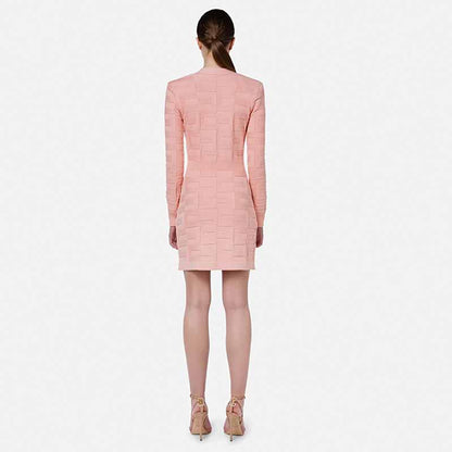 Long Sleeve High Waist Double Breasted Mini Knitted Dress Pink Rust