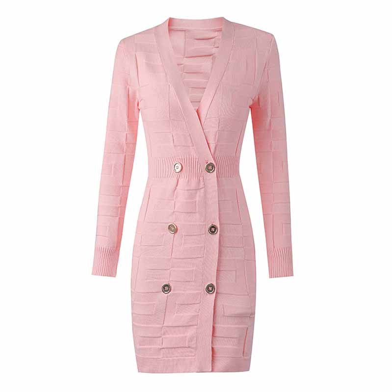 Long Sleeve High Waist Double Breasted Mini Knitted Dress Pink Rust