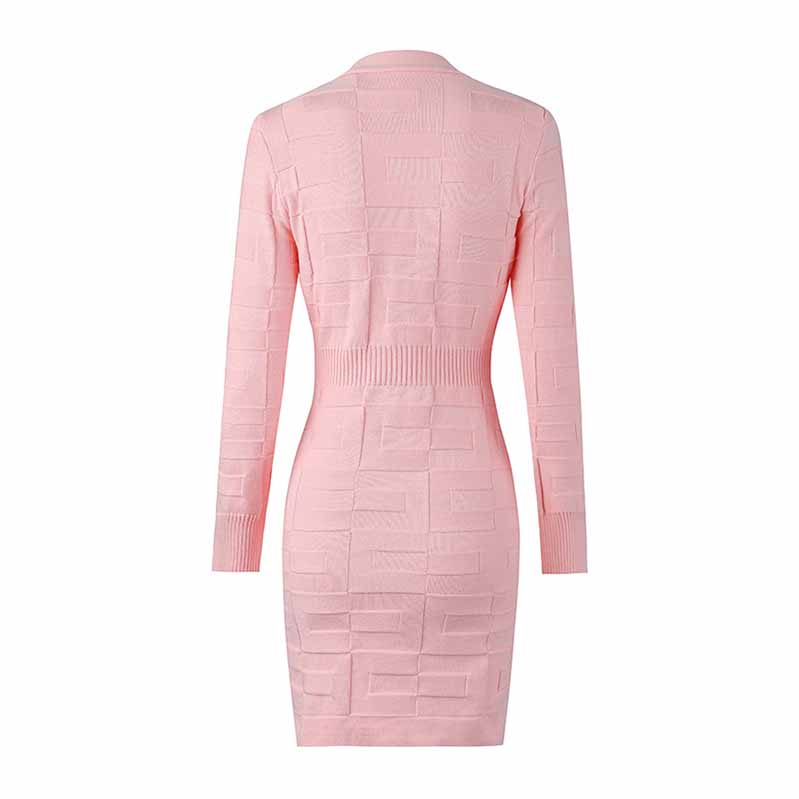 Long Sleeve High Waist Double Breasted Mini Knitted Dress Pink Rust