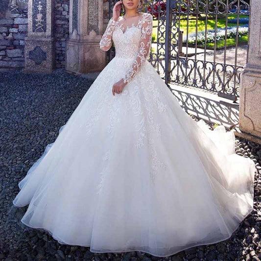 Long Sleeve Wedding Dress for Bride Lace Applique Bride Gowns
