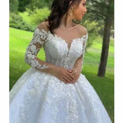 Ball Gown Bateau Long Sleeves Sweep/Brush Train Applique Satin Wedding Dresse