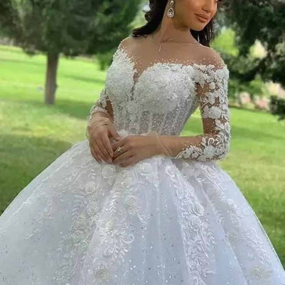 Ball Gown Bateau Long Sleeves Sweep/Brush Train Applique Satin Wedding Dresse