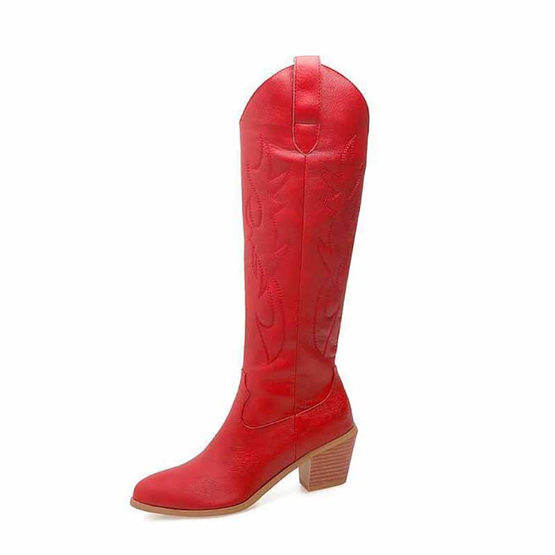 Cowboy Boots Women Embroidered Pull-On Chunky Stacked Heel Cowgirl