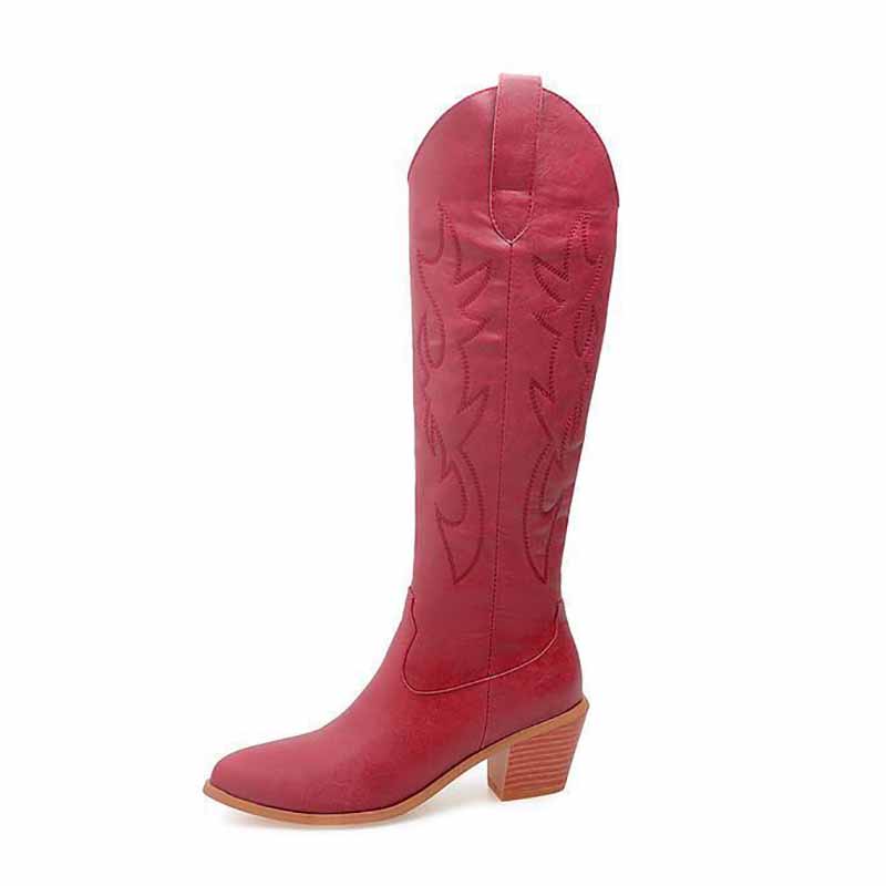 Cowboy Boots Women Embroidered Pull-On Chunky Stacked Heel Cowgirl
