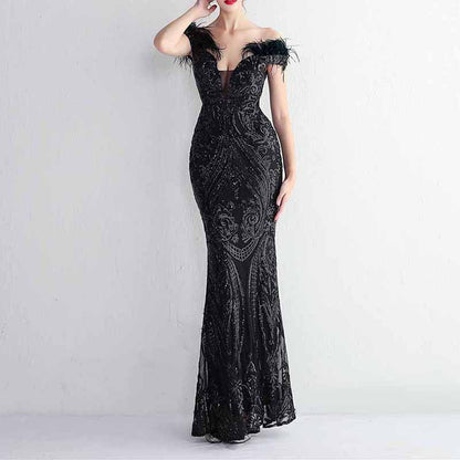 Women Wedding Party Dress Sequin Dress Feather Evening Prom Event Dress