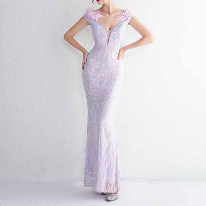 Women Wedding Party Dress Sequin Dress Feather Evening Prom Event Dress
