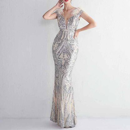 Women Wedding Party Dress Sequin Dress Feather Evening Prom Event Dress