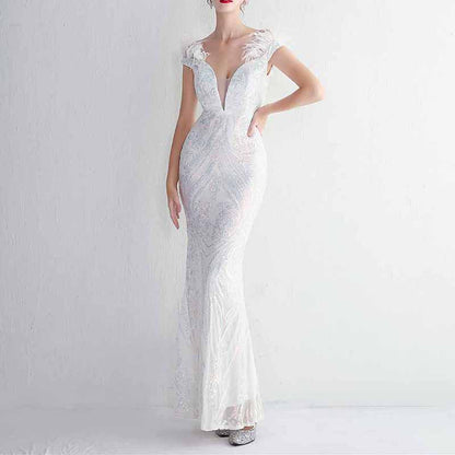 Women Wedding Party Dress Sequin Dress Feather Evening Prom Event Dress