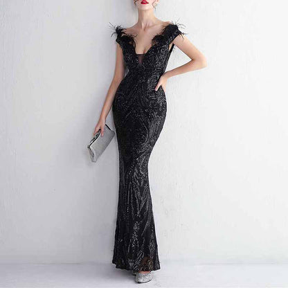 Women Wedding Party Dress Sequin Dress Feather Evening Prom Event Dress