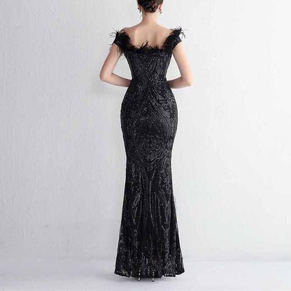 Women Wedding Party Dress Sequin Dress Feather Evening Prom Event Dress