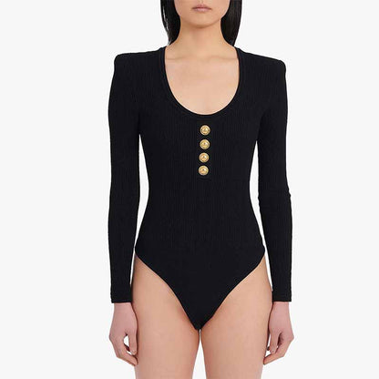 Women Ribbed Black Long Sleeve Bodysuit Tops One Piece Bodycon Jumpsuit