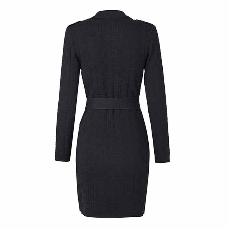 Women's long sleeve knitted minidress V-neck elegant dress with belt