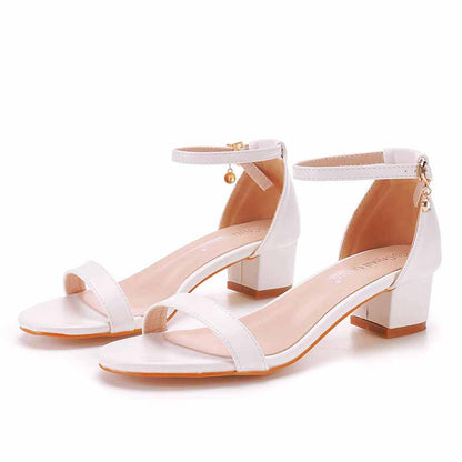 White Buckling Ankle Strap Closure Chunky  Sandal Shoes 1.97" 2.76"