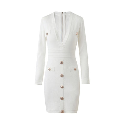 Women White Button-up Knitted Minidress V Neck Long Sleeves ribbed-knit Dress