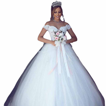 Ball Gown Off-the-Shoulder Sleeveless Floor-Length Lace Tulle Wedding Dresses