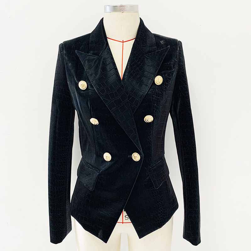 Women Double Breasted Lion Buttons Synthetic Leather Blazer