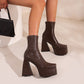 Women Chunky High Heel Ankle Boots Mid Calf Combat Boots