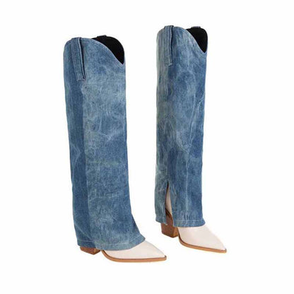 Women Denim Thigh High Boots Chunky Heel Boots