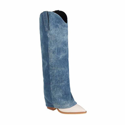 Women Denim Thigh High Boots Chunky Heel Boots