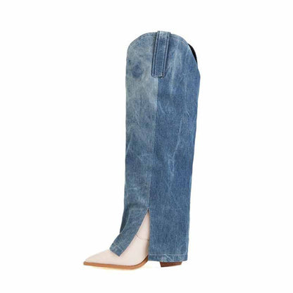 Women Denim Thigh High Boots Chunky Heel Boots