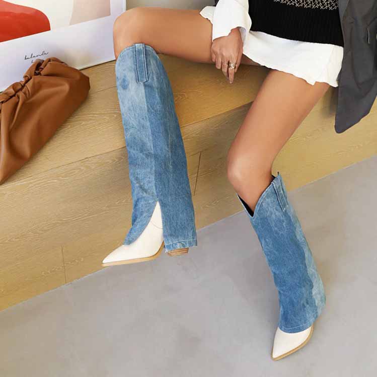 Women Denim Thigh High Boots Chunky Heel Boots