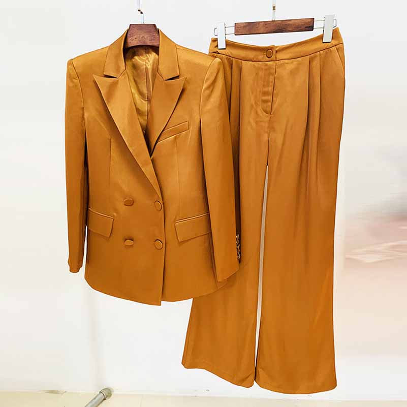 Women's Rust Pantsuit Double Breasted Button Blazer + Wide Trousers