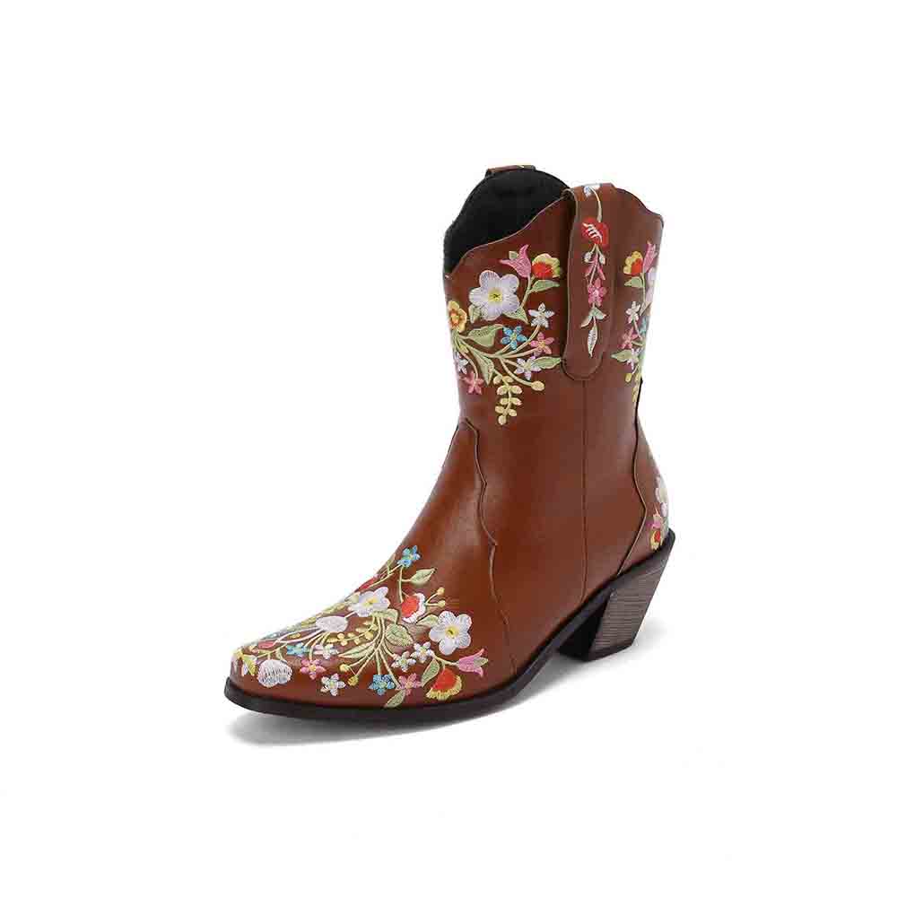 Women's Embroidered Western Short Cowgirl Boots Chunky Heel Boots