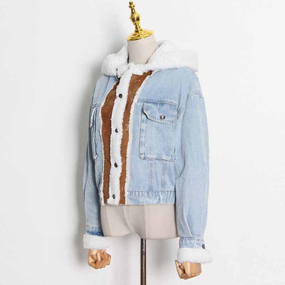 Winter Jean Coat for Women Oversized Lamb Wool Hoodie Coats Patchwork Denim Jackets