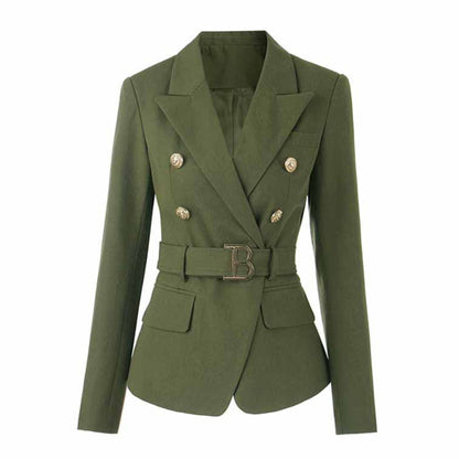 Double Breasted Army Green Blazer With Gold Buttons Slim Fit Belt Jacket