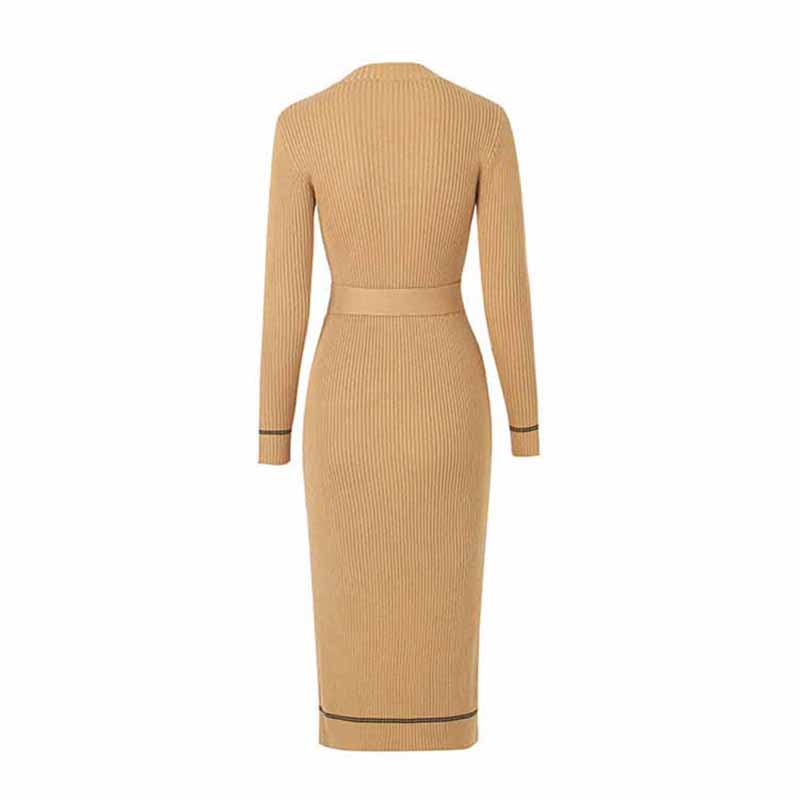 Women midi bodycon dress with sleeves round neck wrap knitted dress