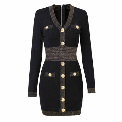 Women's long sleeve knitted minidress V-neck elegant dress with buttons